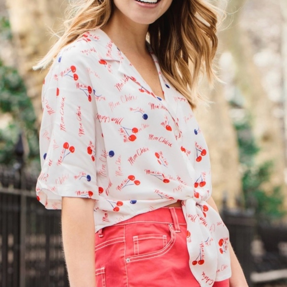 POPSUGAR White and Red Flutter Sleeve Tie Front Top